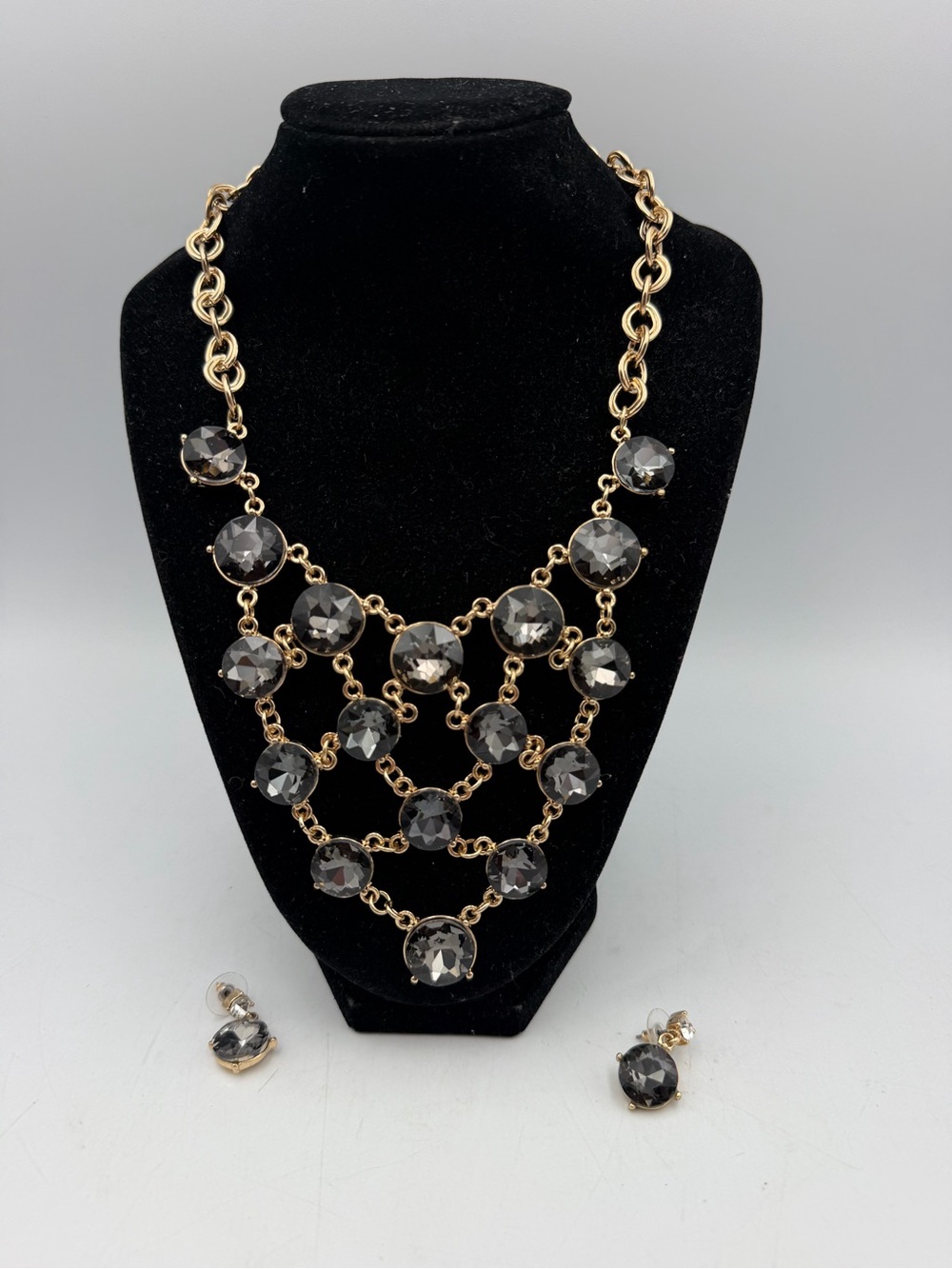 Gold Tone Gray Crystal Statement Necklace & Earrings Set